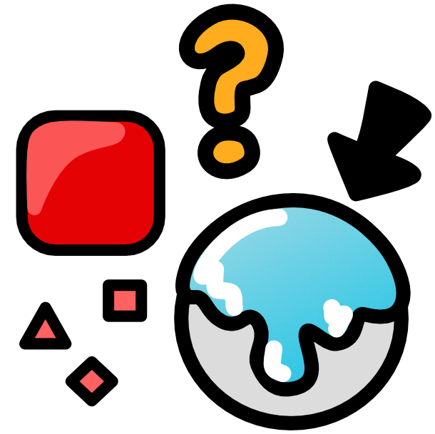 an image with dark line art shows a grey circle with a shiny blue substance dripping down it. A black arrow points down at the substance, and to the left is a yellow question mark and a red square. Below the red square are 3 shapes sprinkling down from it.